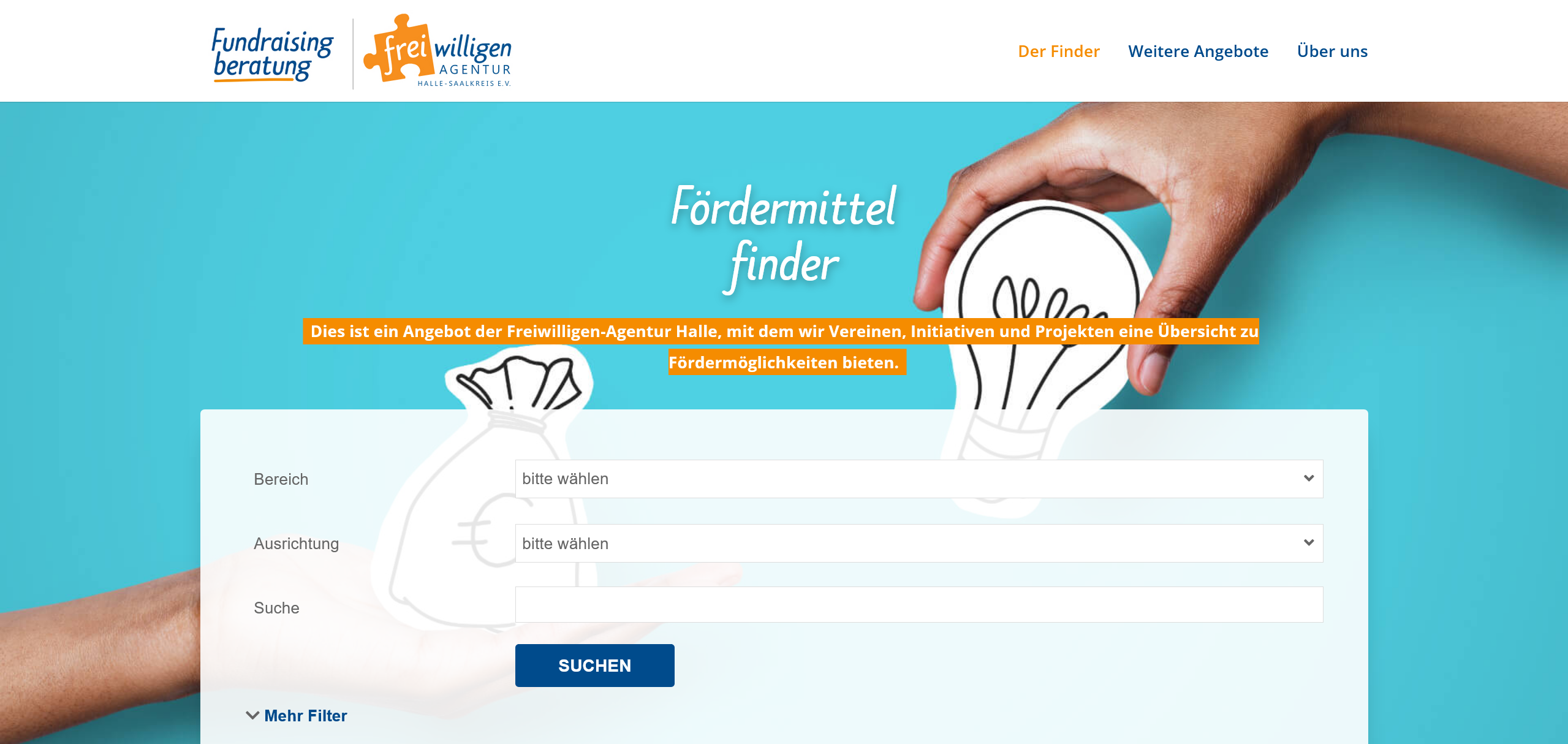 Screenshot des Fördermittelfinders der Freiwilligen-Agentur Halle